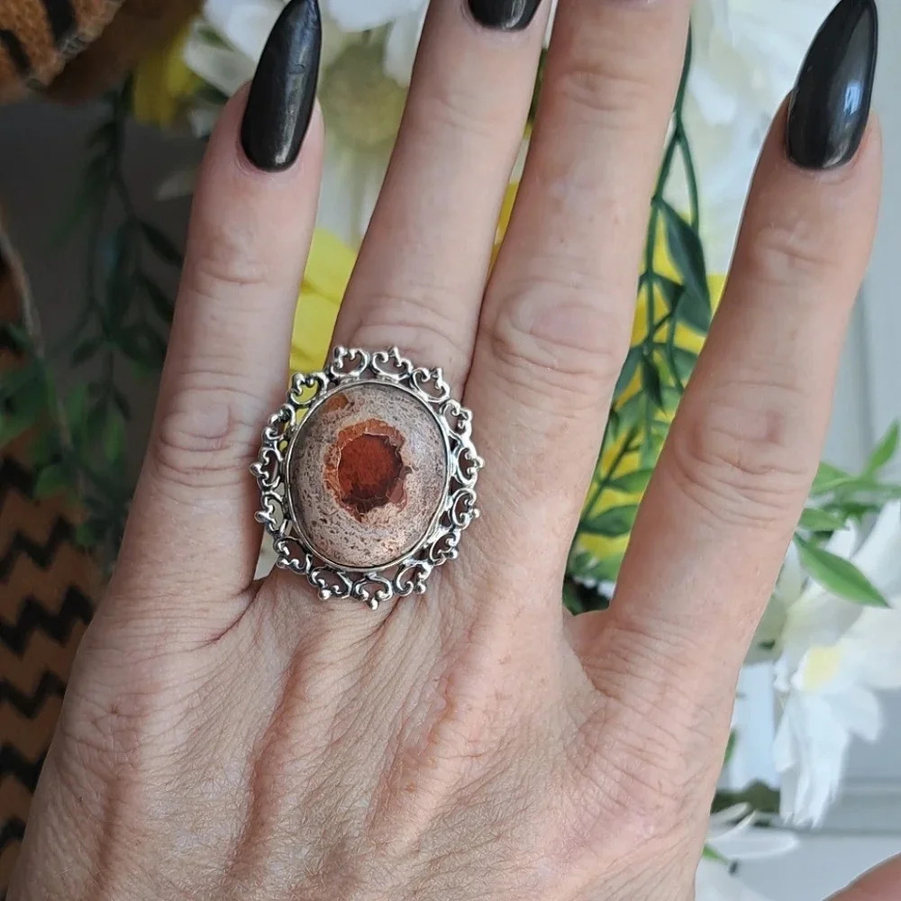 Fire Opal Matrix Large Solitaire Ring In 925 Sterling Silver.